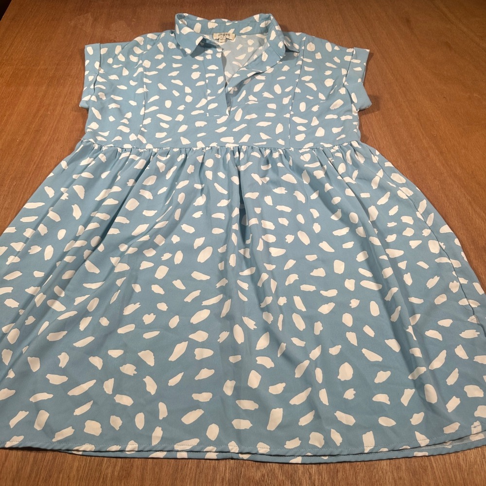 Umgee Dress Women Size M Blue White Abstract Babydoll Collared V-Neck
